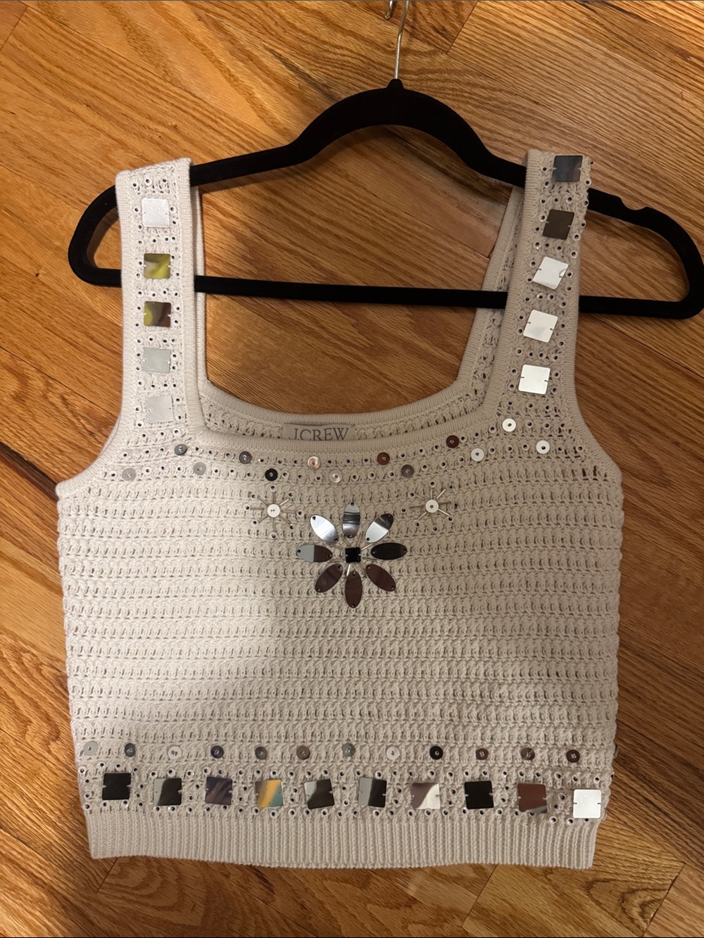 J. Crew Cream Crochet Tank with Mirror Sequin Accents